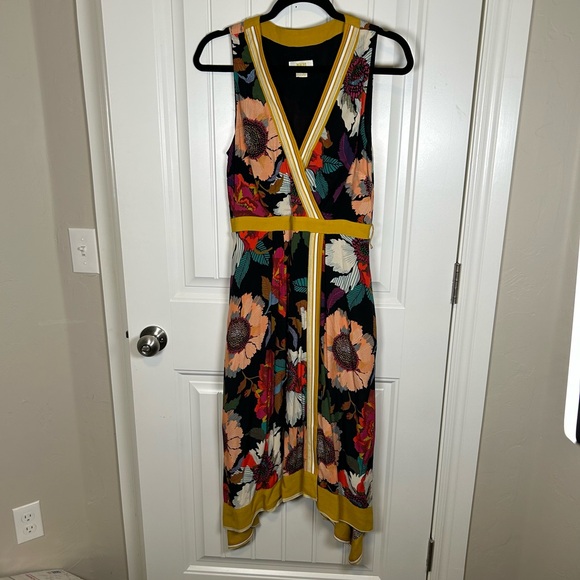 Anthropologie Maeve Botanica Floral Faux Wrap Midi Dress Size 6 Black Yellow - Picture 2 of 11